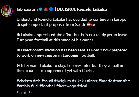 Romelu Lukaku Makes Key Transfer Decision Amid Saudi Interest