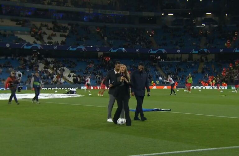 Video: Laura Woods embarrassingly nutmegged by Rio Ferdinand on Champions League debut